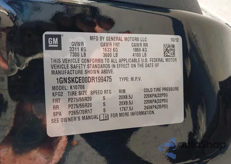 2013 Chevrolet Tahoe Ltz из США, поврежденный, VIN 1GNSKCE00DR199475